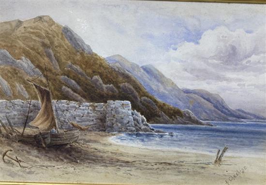 F Cheshire, watercolour, Beached fishing boat in a coastal landscape, signed, 34 x 52cm